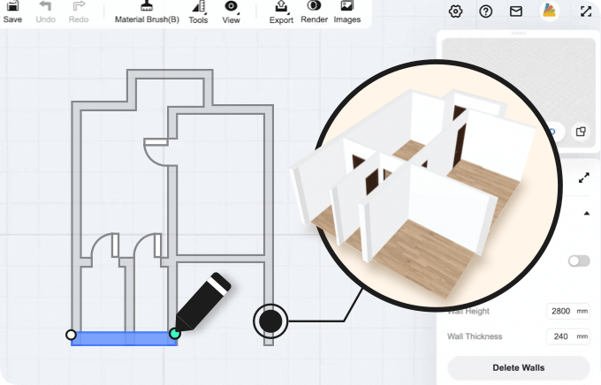 Интерфейс построения плана в Homestyler
