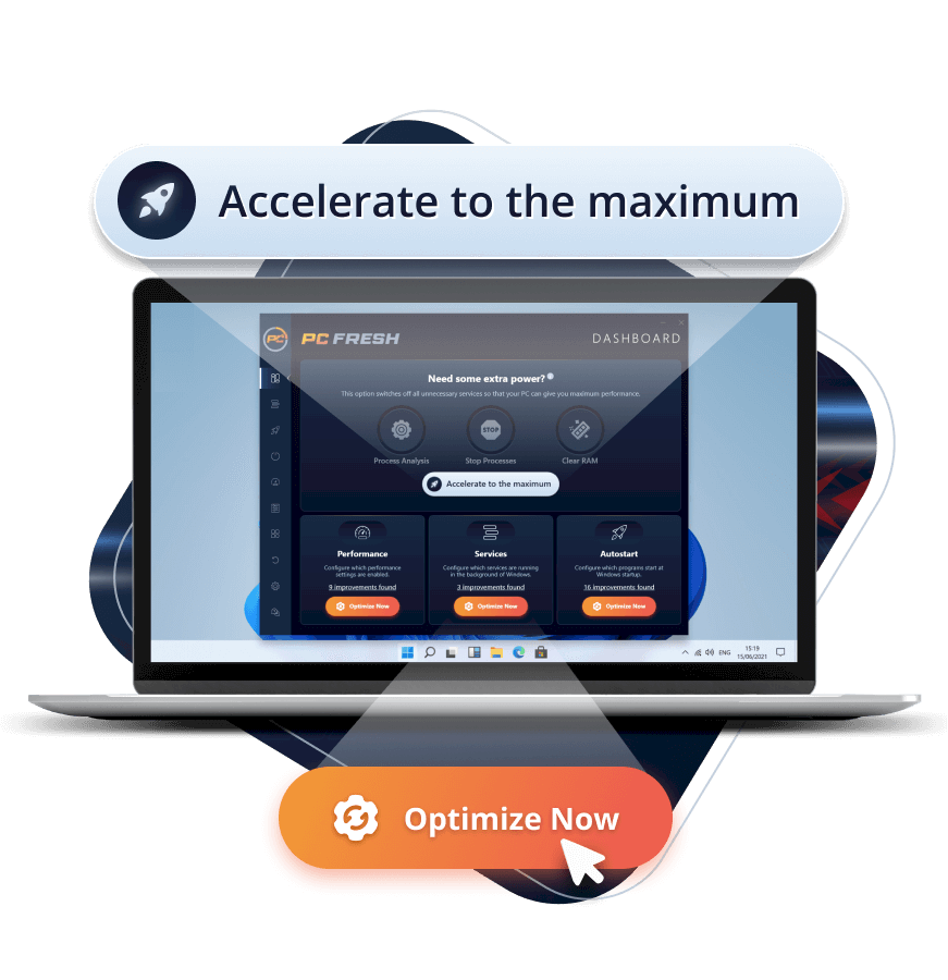 Главная панель PC Fresh с режимом Accelerate to the maximum и кнопками Optimize Now