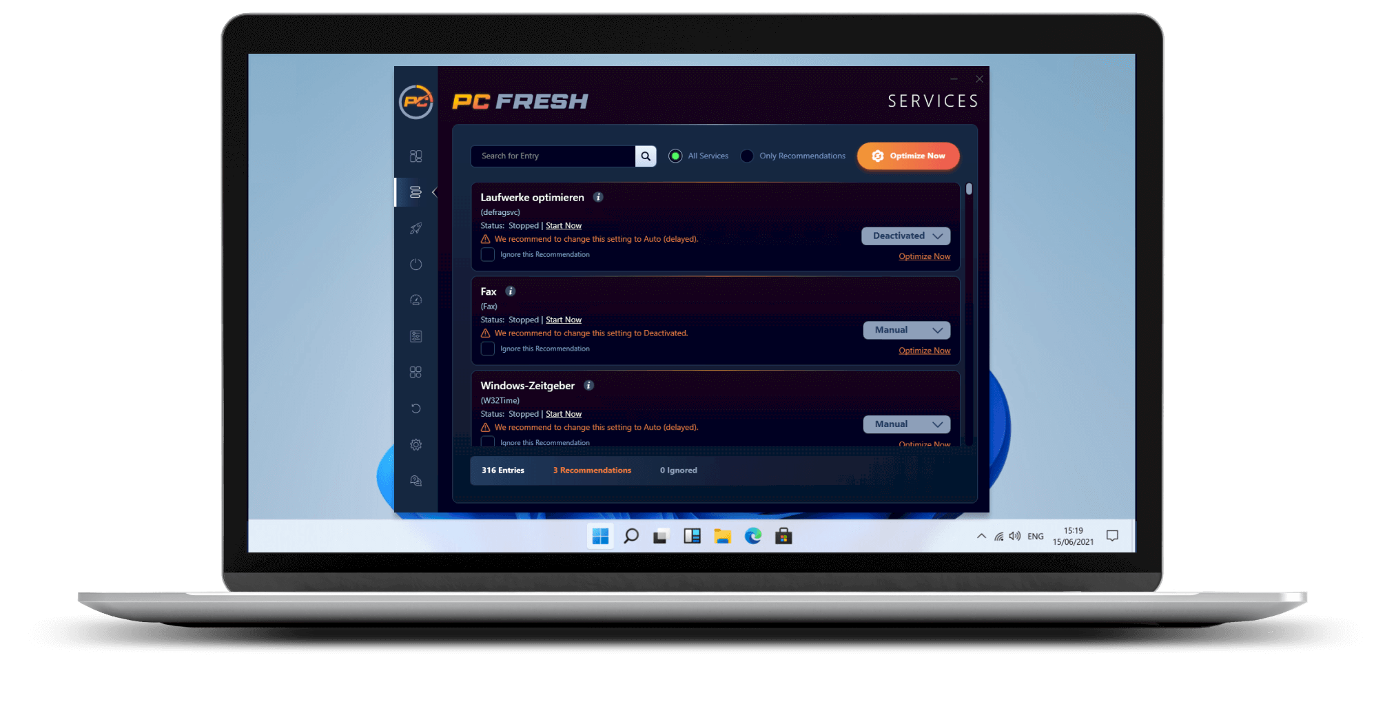 Раздел Services в PC Fresh со списком служб, рекомендациями и кнопкой Optimize Now