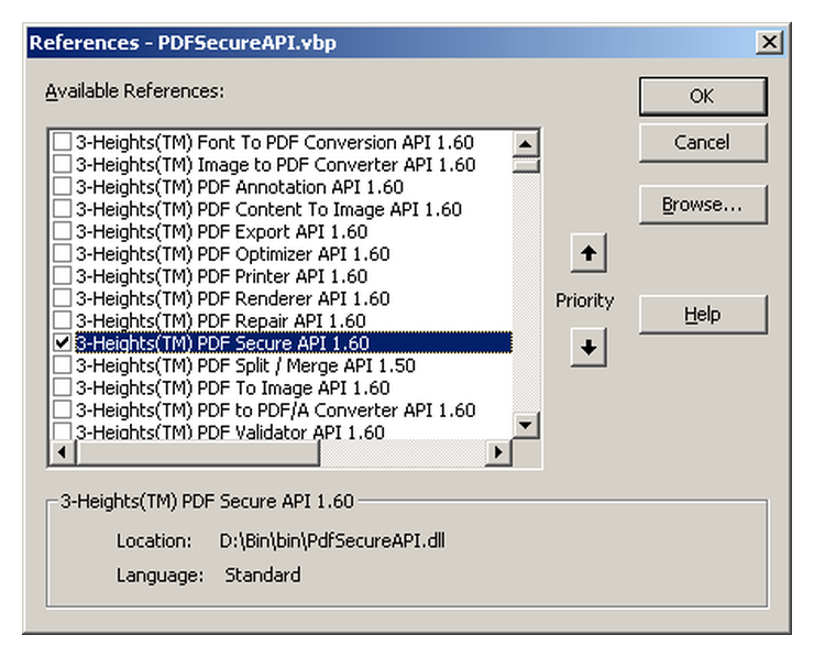 Выбор компонента PDF Security в окне References Visual Basic