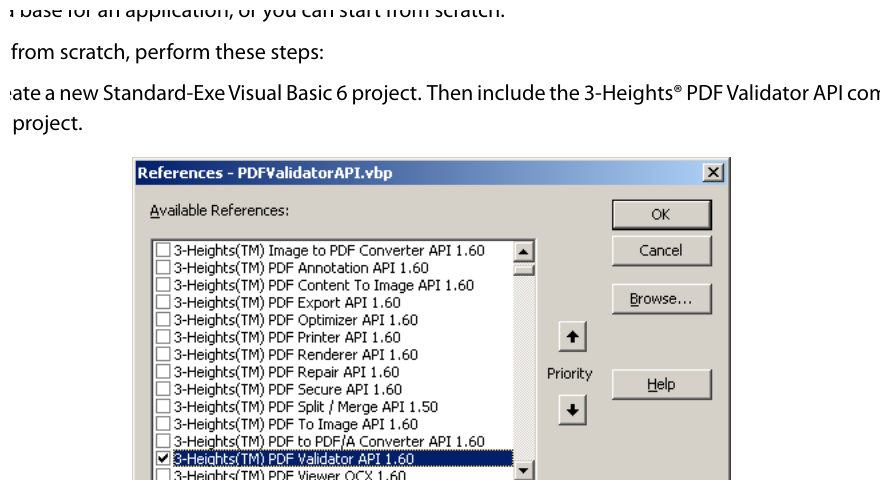 Выбор COM-компонента 3-Heights PDF Validator в Visual Basic