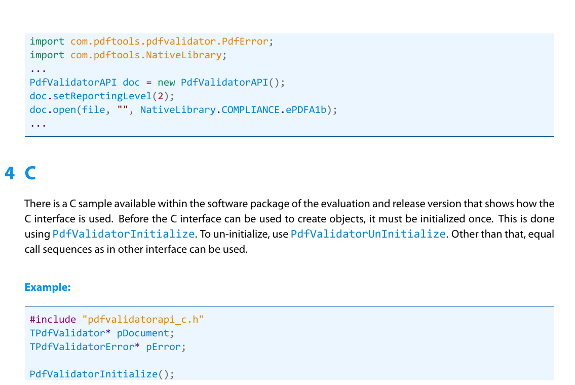 Примеры вызовов Java и C для PDF Validator