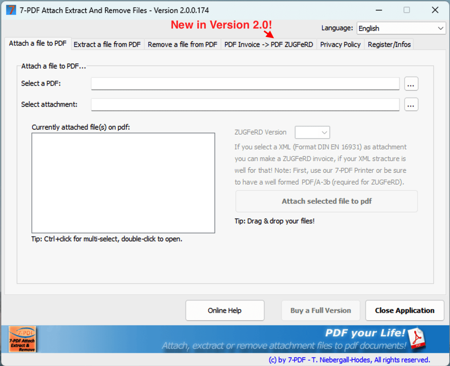 Вкладка Attach a file to PDF с полями выбора PDF и вложения
