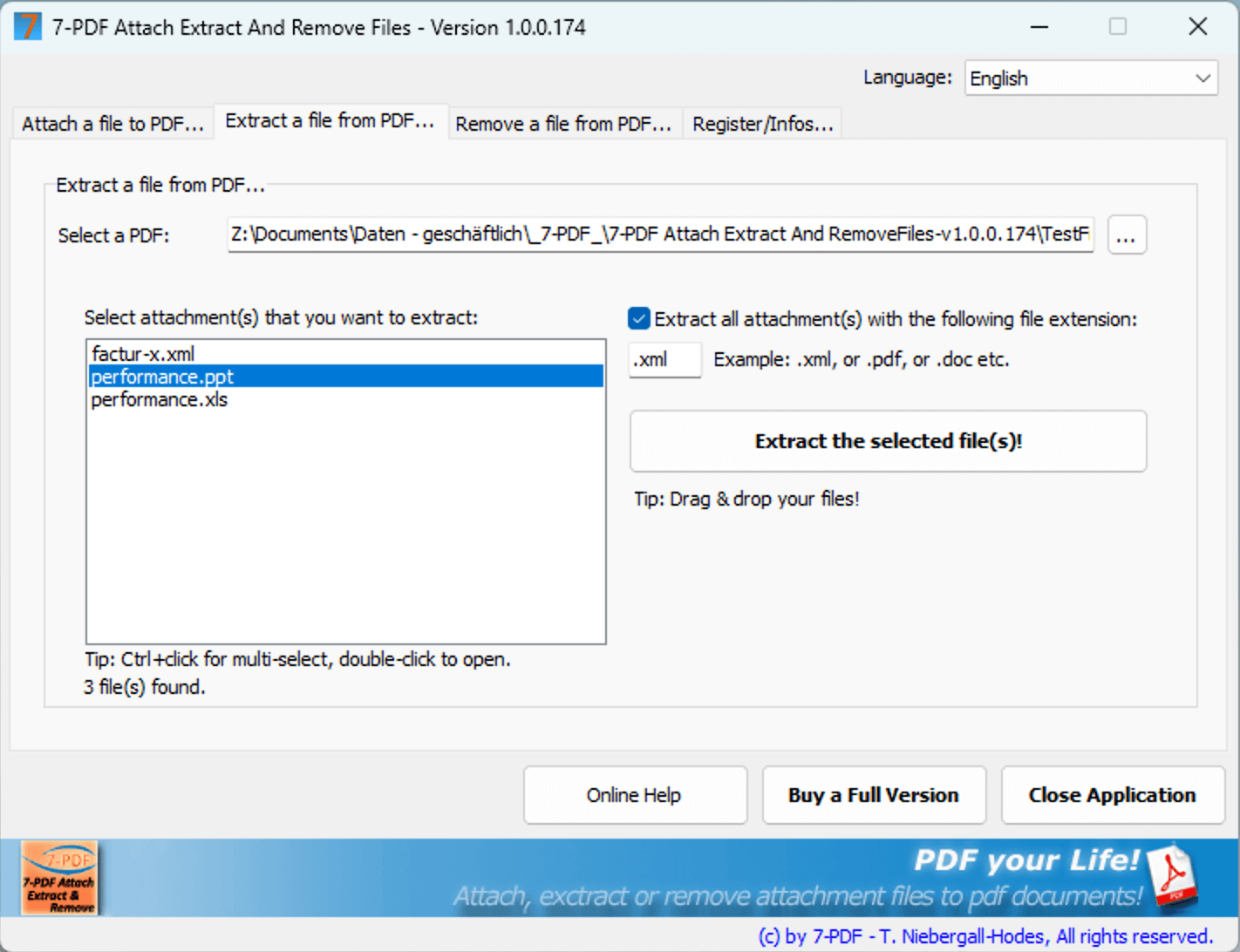 Вкладка Extract a file from PDF со списком вложений и фильтром .xml
