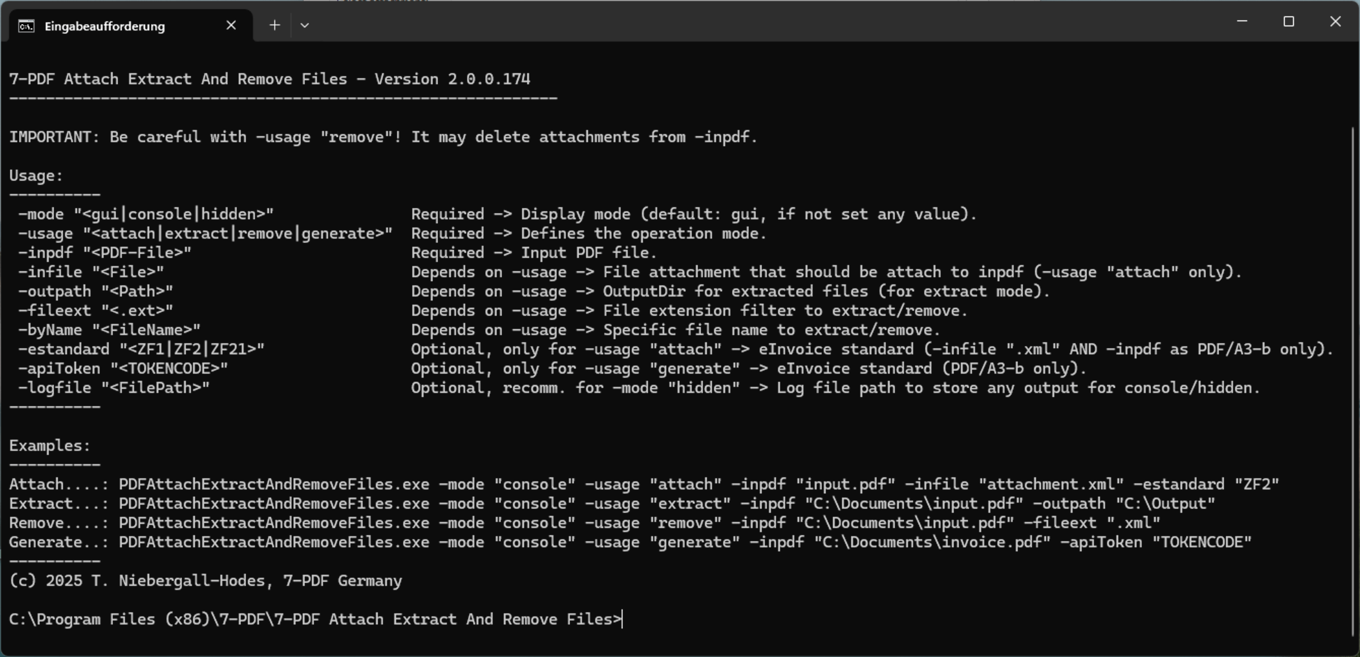 Консольная справка 7-PDF Attach Extract and Remove с параметрами