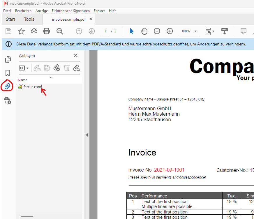 Панель вложений PDF с файлом factur-x.xml после обработки