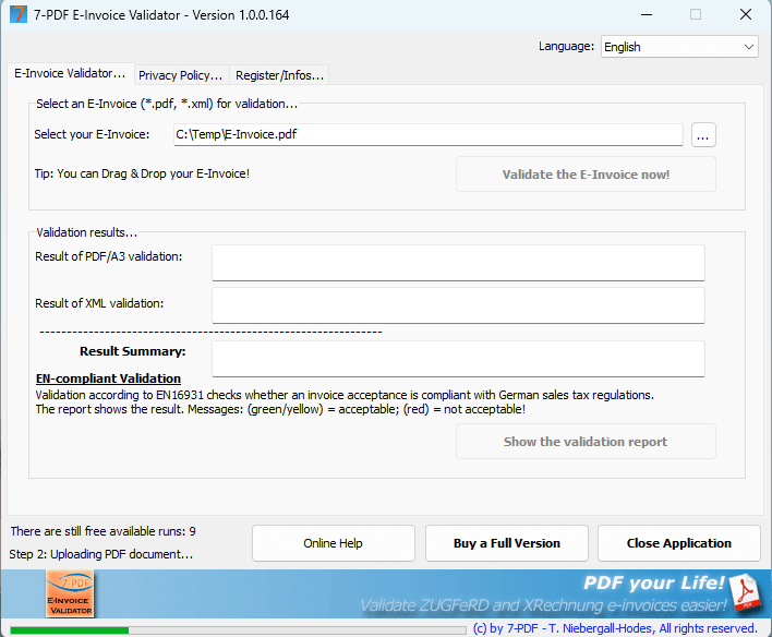 Главное окно 7-PDF E-Invoice Validator при загрузке PDF-счета