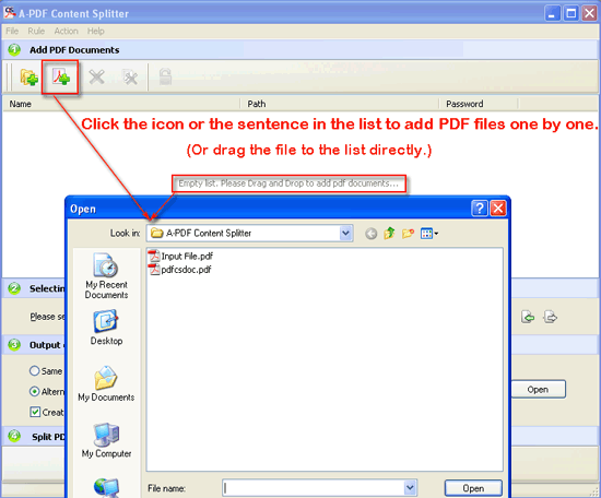 Добавление отдельного PDF в список A-PDF Content Splitter