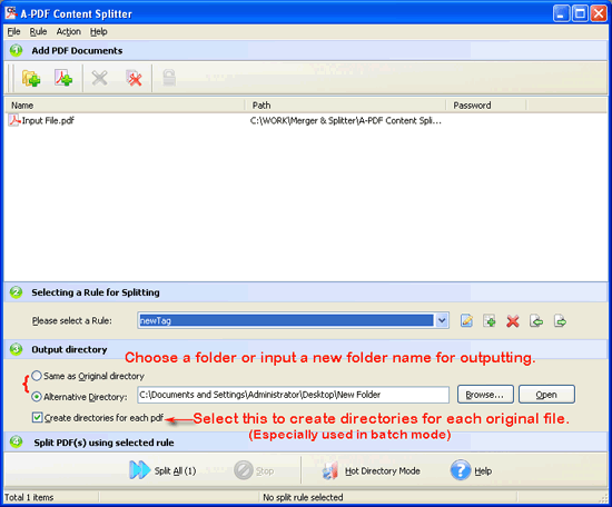 Выбор папки для результатов A-PDF Content Splitter