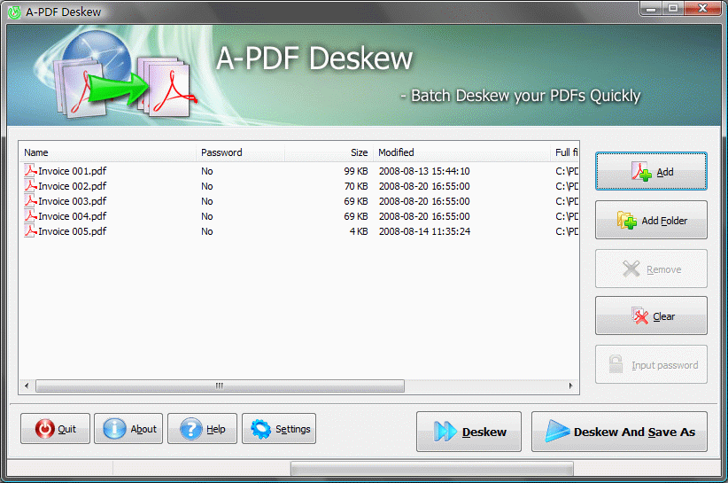 Главное окно A-PDF Deskew со списком PDF для пакетного выравнивания