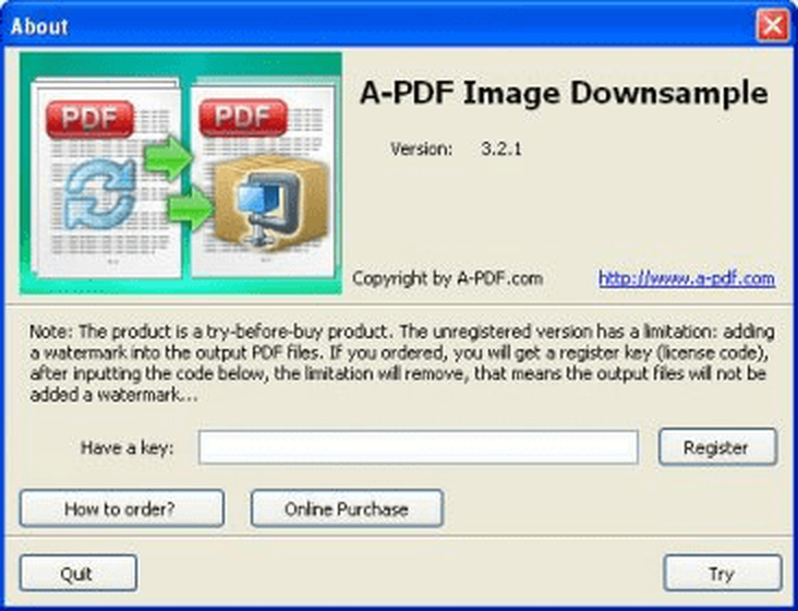 Окно сведений A-PDF Image Downsample с названием программы и разработчиком