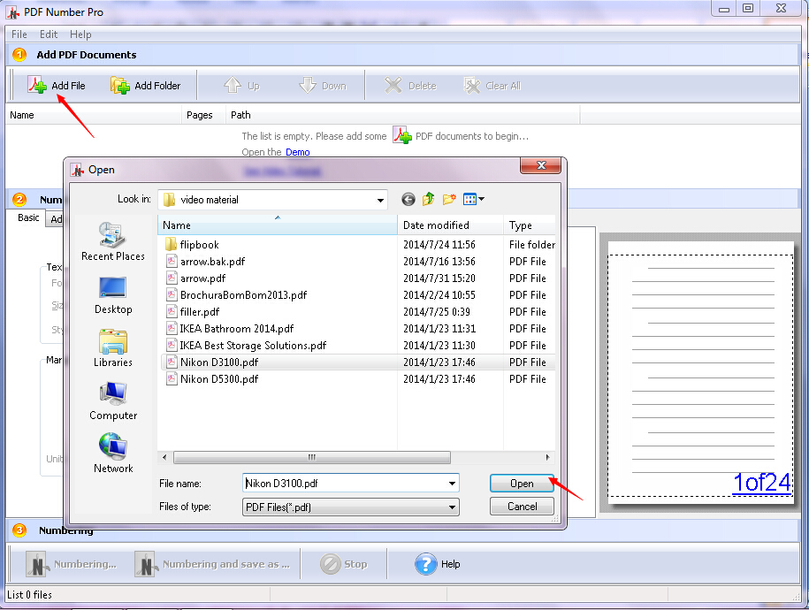 Диалог выбора PDF для добавления в A-PDF Number Pro