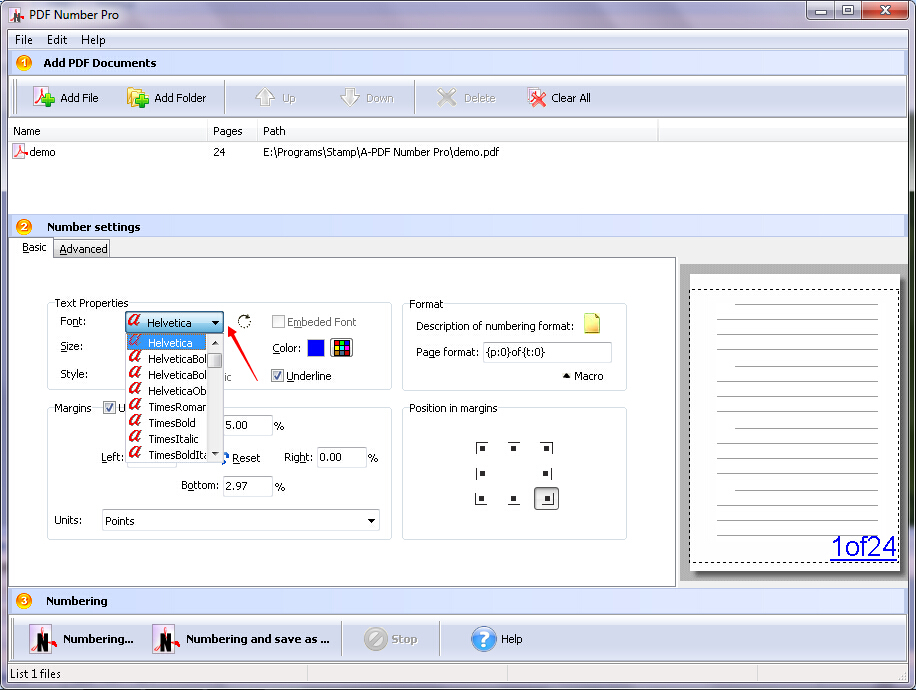 Выбор шрифта для номера страницы в A-PDF Number Pro