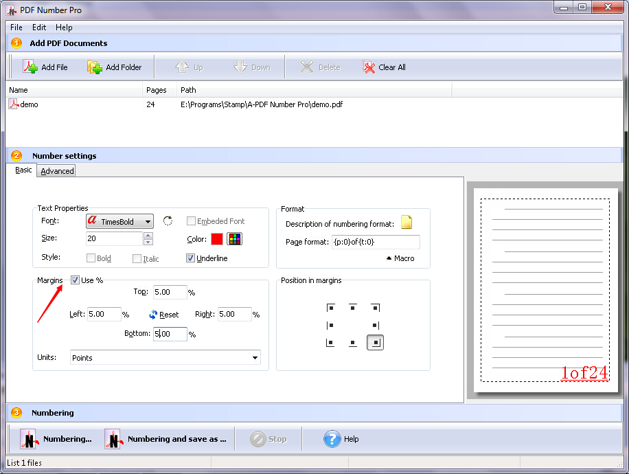 Настройка полей для нумерации страниц в A-PDF Number Pro