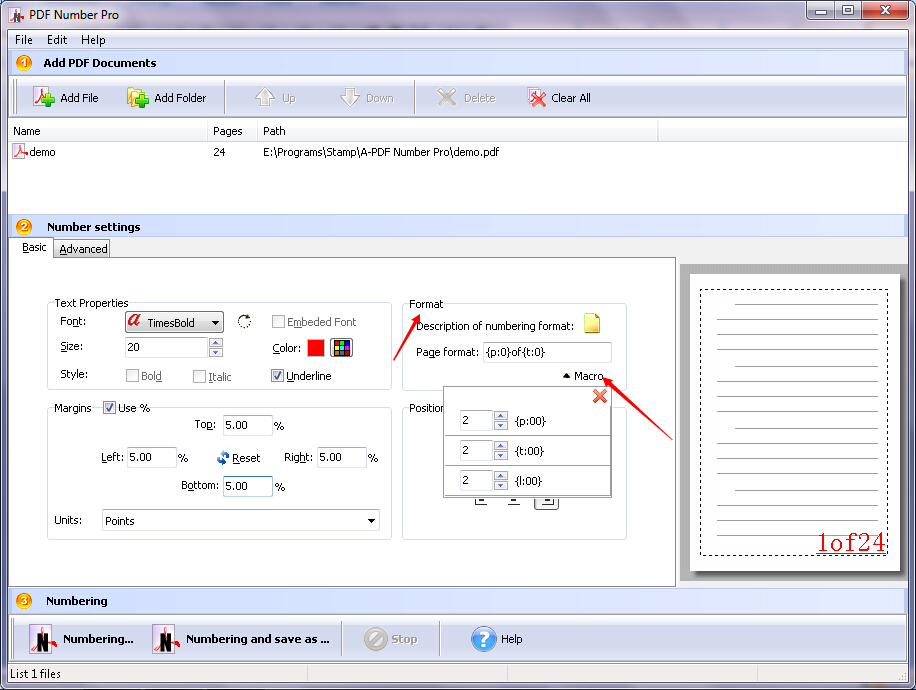 Поле формата и список макросов A-PDF Number Pro