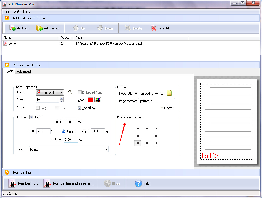 Выбор стандартной позиции номера в A-PDF Number Pro