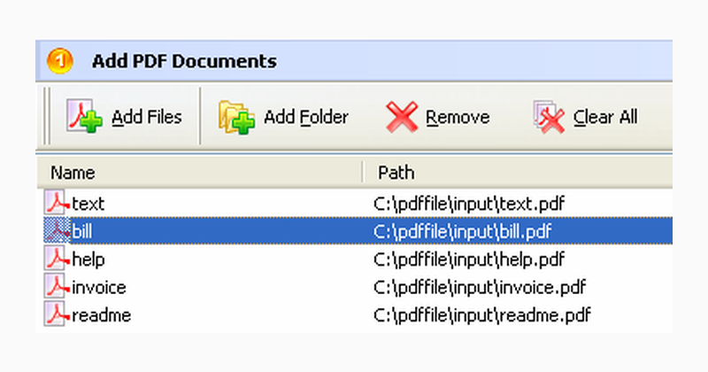 Область Add PDF Documents с командами Add Files, Add Folder, Remove и Clear All