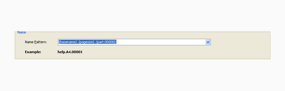 Поле Name Pattern и строка Example в A-PDF Page Size Split