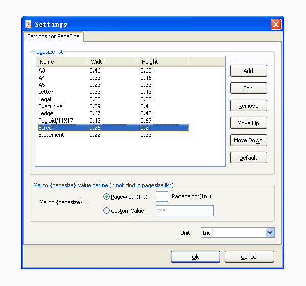 Окно Settings со списком PageSize и параметрами имени для неопределённого размера