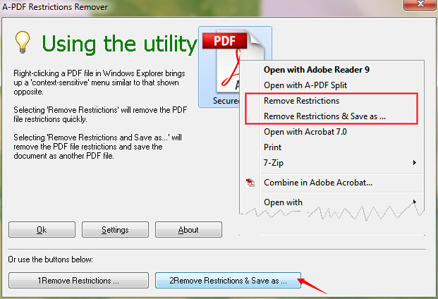 Главное окно A-PDF Restrictions Remover и команда Remove Restrictions & Save as