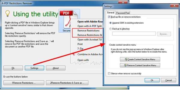 Главное окно и вкладка General в Settings A-PDF Restrictions Remover