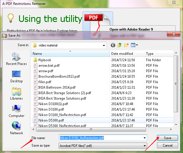 Диалог Save As после выбора Remove Restrictions & Save as в A-PDF Restrictions Remover