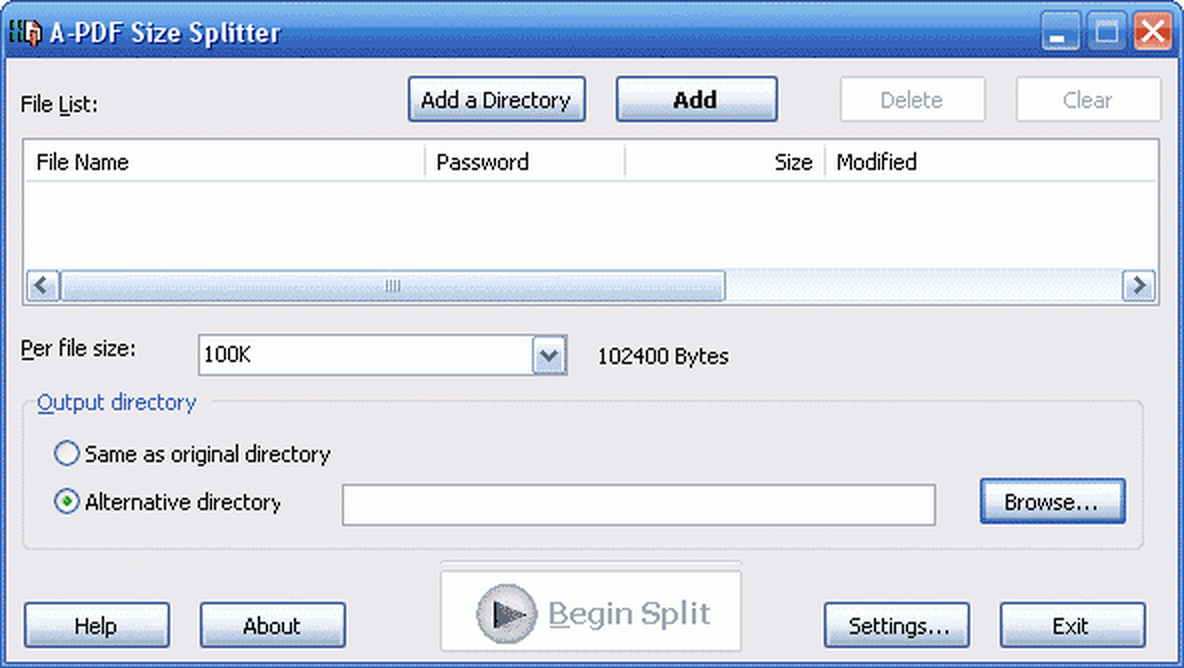 Пустое главное окно A-PDF Size Splitter