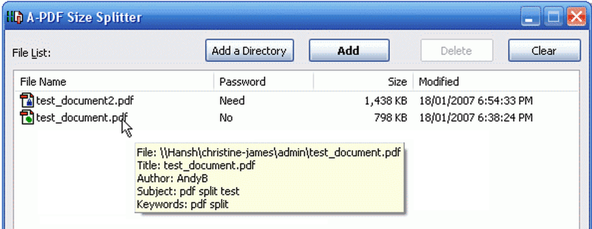 Сведения о PDF при наведении в очереди A-PDF Size Splitter