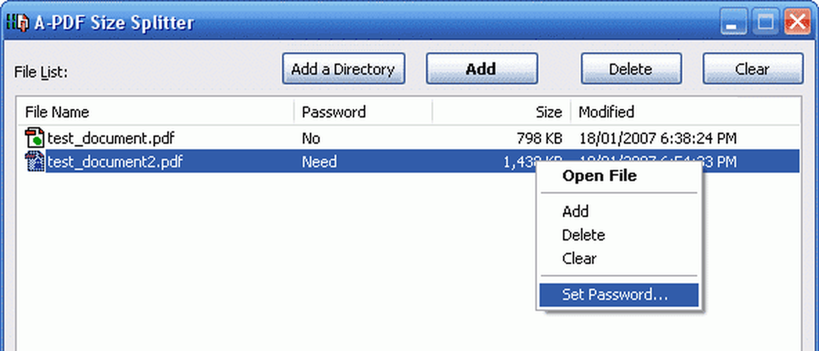 Контекстное меню A-PDF Size Splitter с командой Set Password