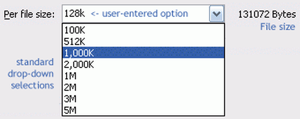 Список готовых значений Per file size в A-PDF Size Splitter