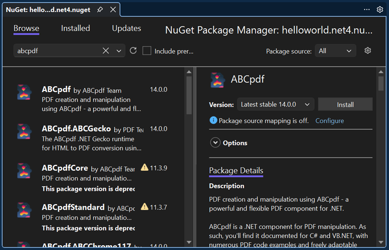 Пакет ABCpdf в диспетчере NuGet Visual Studio