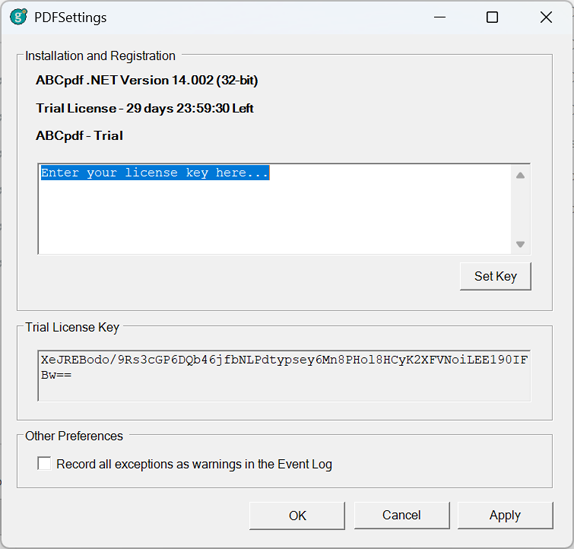 Окно PDFSettings с вводом лицензионного ключа ABCpdf