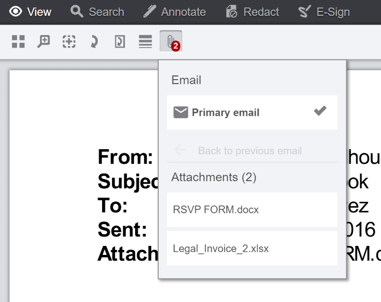 Панель вложений электронного письма в Accusoft PrizmDoc