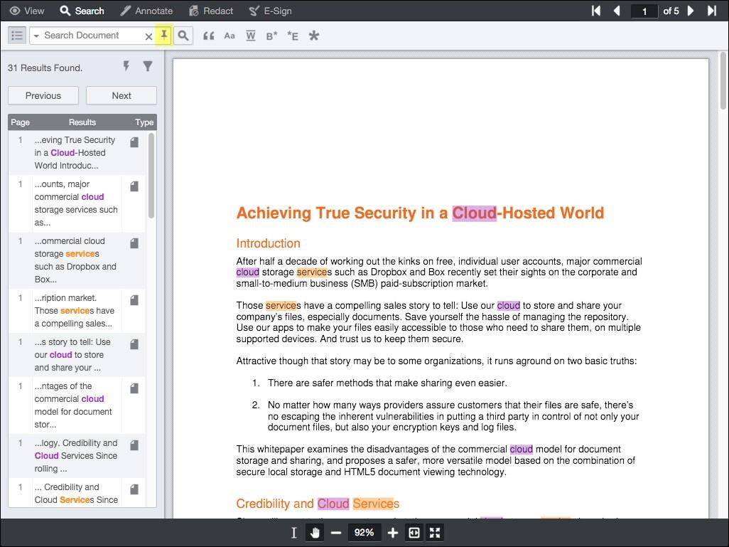 Панель поиска и список совпадений в Accusoft PrizmDoc