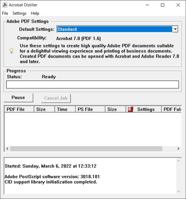 Главное окно Adobe Acrobat Distiller с выбранным профилем Standard, статусом Ready и очередью обработки