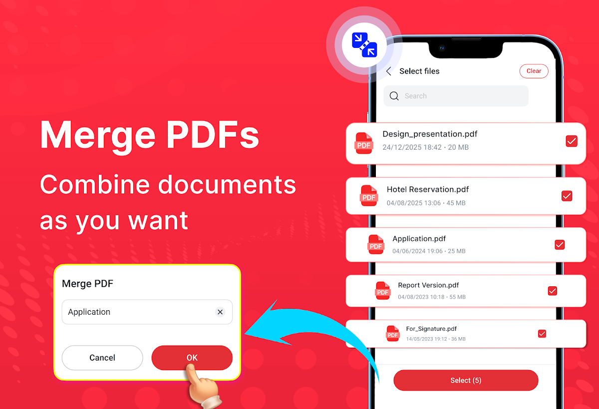 Интерфейс All PDF Reader: выбор файлов для объединения PDF