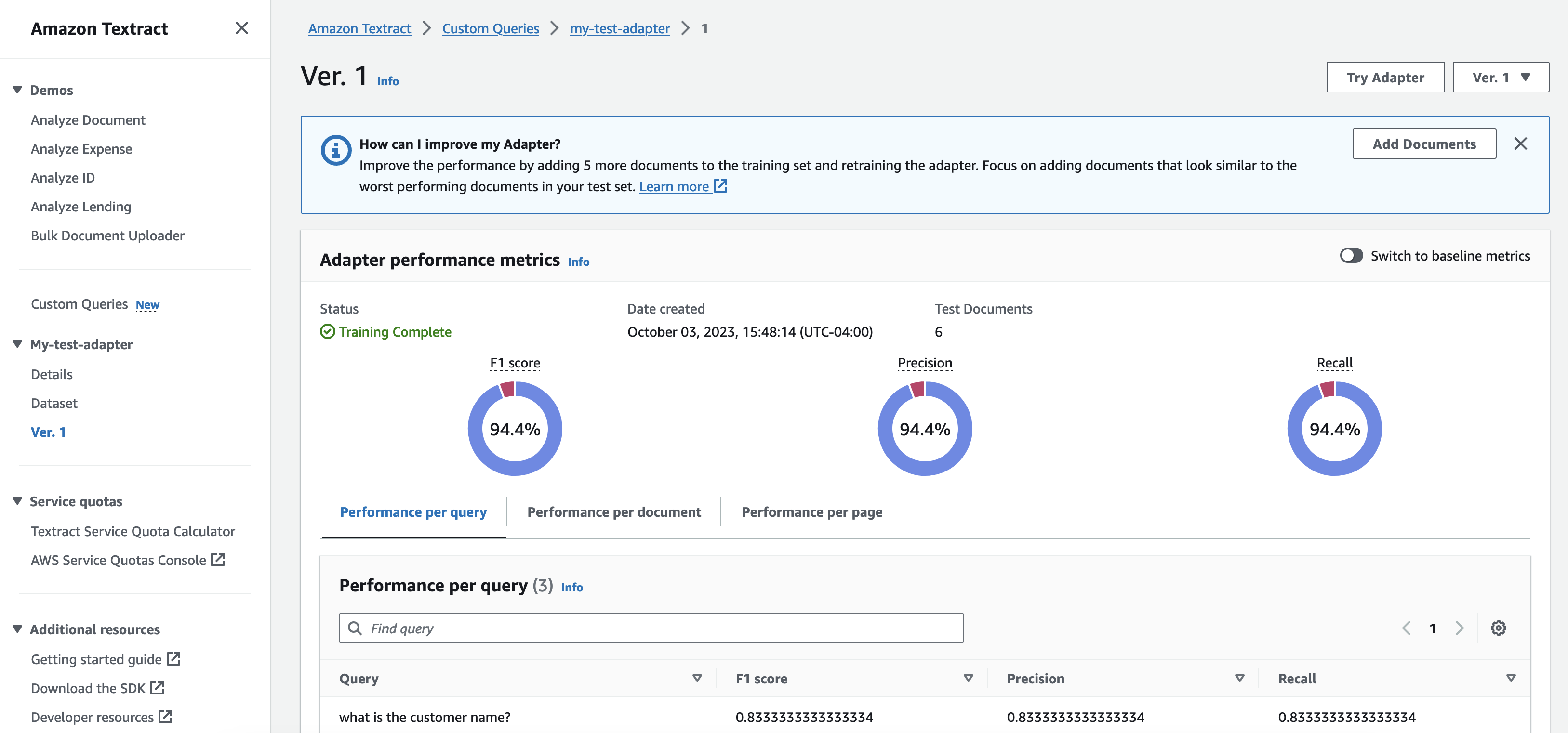 Amazon Textract Custom Queries: метрики адаптера