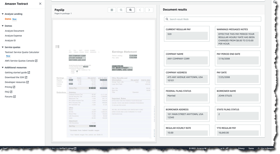 Amazon Textract Analyze Lending: поля расчетного листка