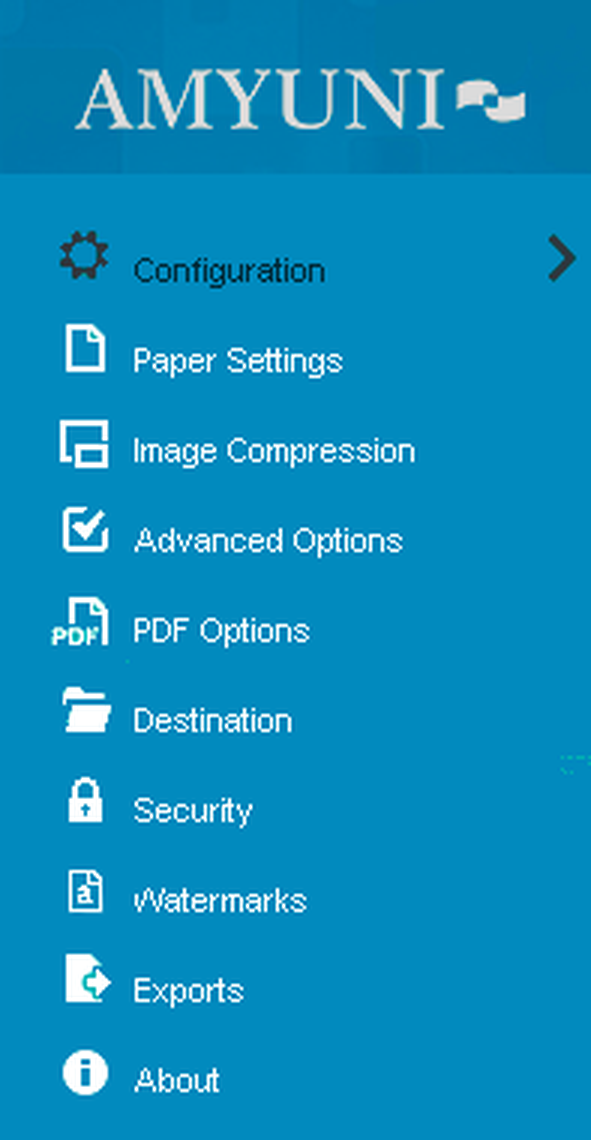 Навигация Amyuni PDF Converter по разделам настроек