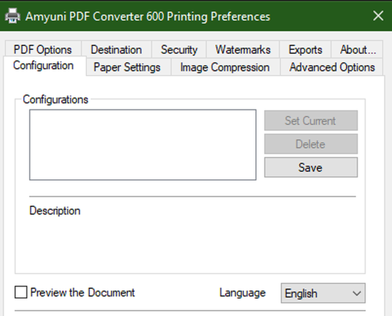 Классическое окно Printing Preferences Amyuni PDF Converter