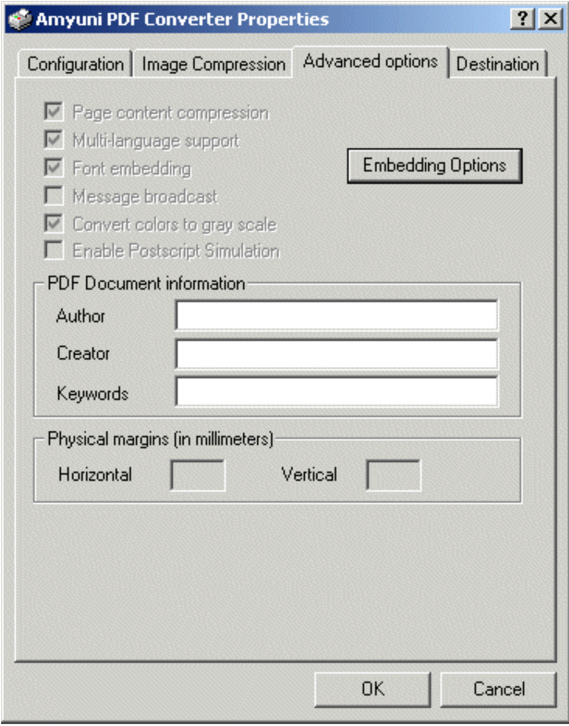Вкладка Advanced options Amyuni PDF Converter с настройкой встраивания шрифтов