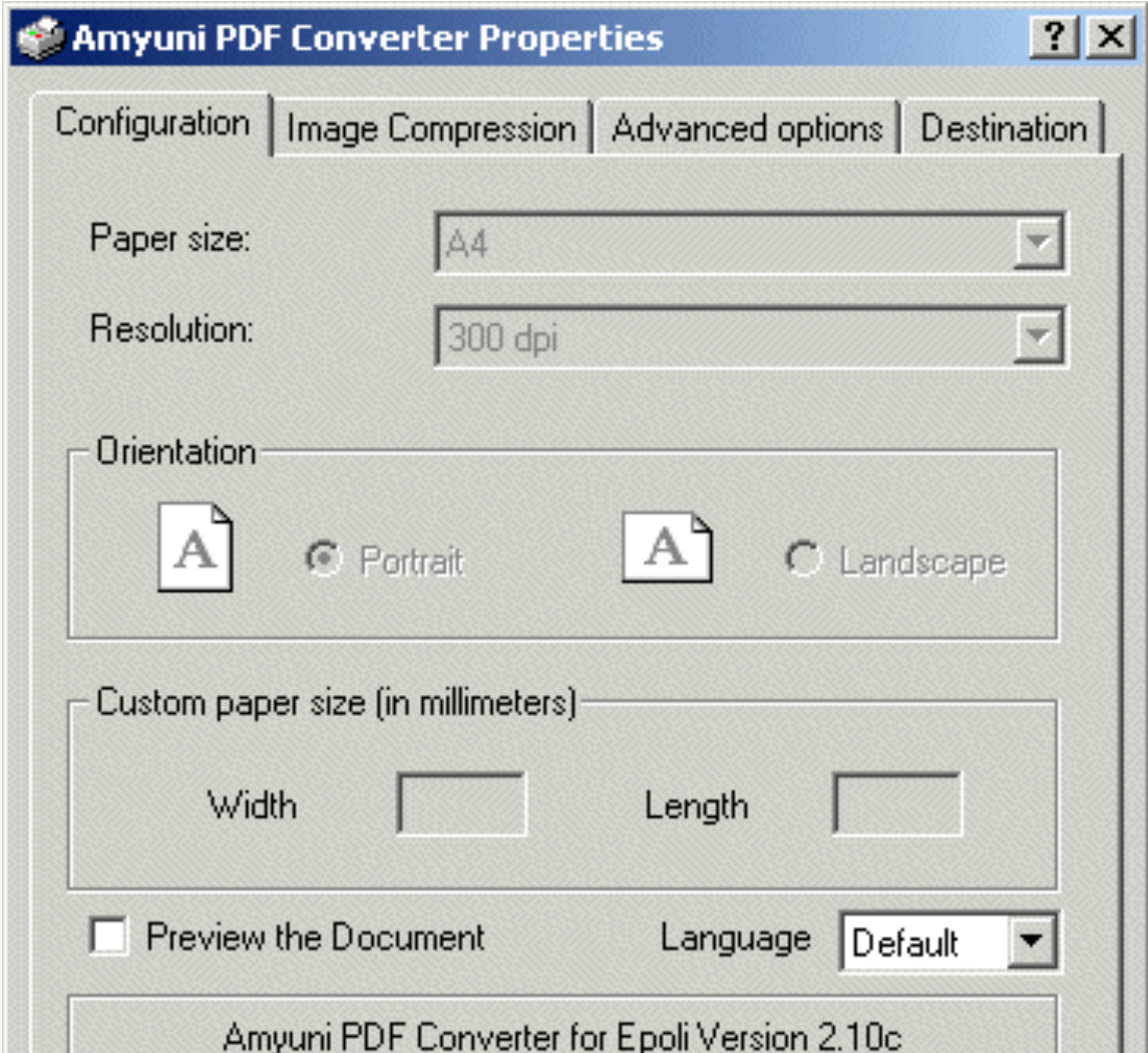 Свойства Amyuni PDF Converter с форматом A4 и разрешением 300 DPI