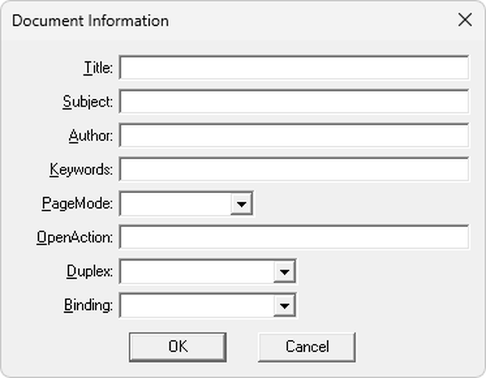 Диалог метаданных и начального режима просмотра PDF