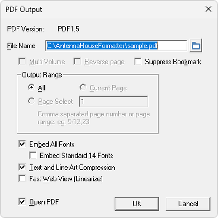 Диалог вывода PDF в Antenna House Formatter