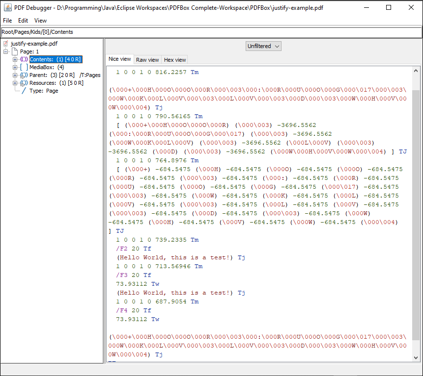 Режим Nice view с операторами Tm, Tw, Tj и TJ в PDFDebugger