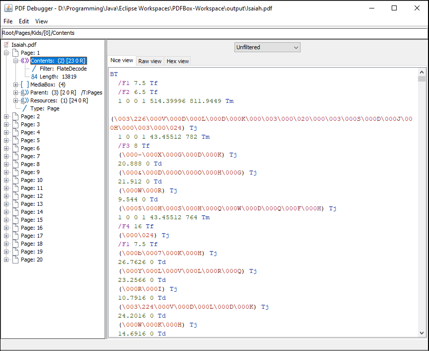 Дерево страницы и декодированный поток Contents в PDFDebugger