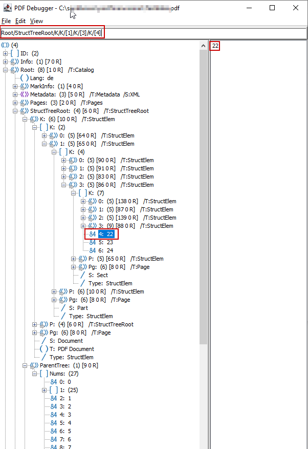 Структурное дерево тегированного PDF и ParentTree в PDFDebugger