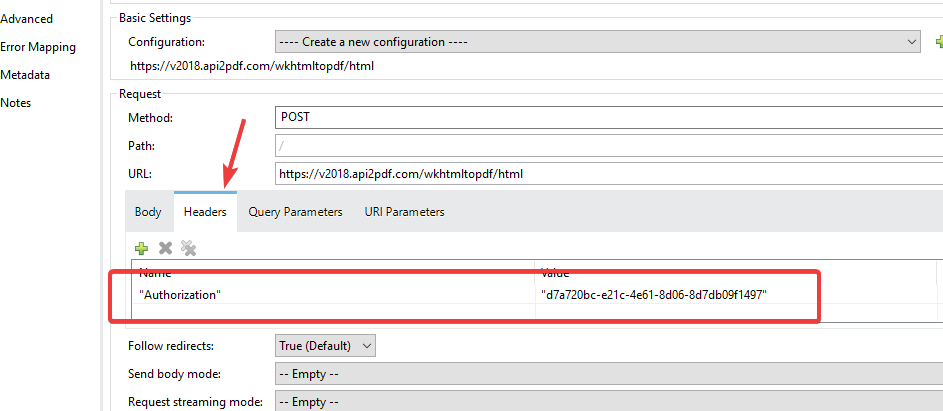 Передача заголовка Authorization для Api2Pdf