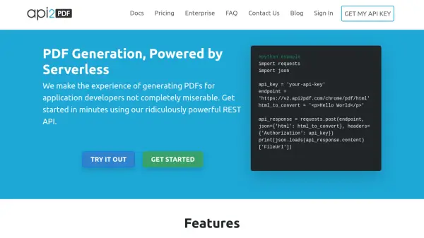 Главная страница Api2Pdf с основными возможностями