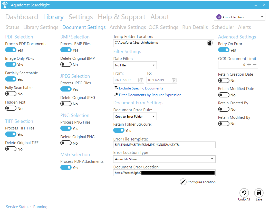 Интерфейс Aquaforest Searchlight: Document Settings: какие файлы попадут в очередь